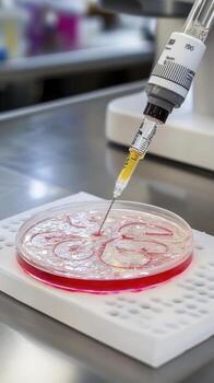 Syringe Injecting Yellow Liquid into Red Petri Dish in Lab photo