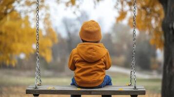 Toddler on Wooden Swing in Autumn Park photo