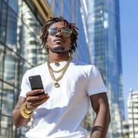 Confident Man Using Smartphone in Modern City photo