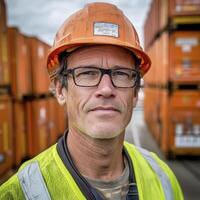 Close Up Portrait of a Construction Worker in Safety Gear photo