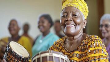 Elderly Woman Playing Drums in a Group Setting photo