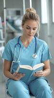Focused Nurse Reading in Medical Setting photo