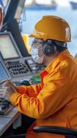 Focused Worker in Orange Jumpsuit at an Industrial Control Panel photo