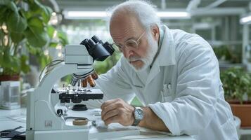 Focused Senior Scientist Using Microscope in Greenhouse photo