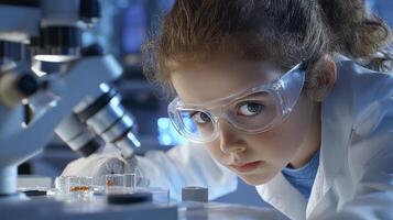 Focused Young Girl Scientist Using Microscope in Lab photo