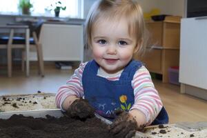 Happy Toddler Girl Playing with Soil Indoors photo