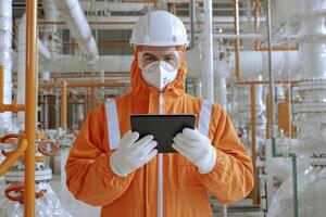 Industrial Worker Using Digital Tablet in Refinery photo