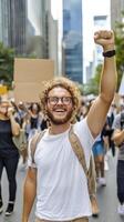 Joyful Protestor Raising Fist in City Demonstration photo
