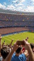 Jubilant Stadium Crowd Celebration with Confetti photo