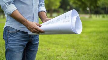 Man Reviewing Blueprints Outdoors on a Sunny Day photo