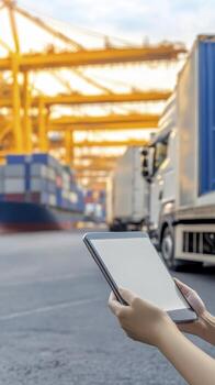 Person Using Tablet at Busy Cargo Port photo