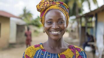 Portrait of a Smiling African Woman in a Yellow Dress photo