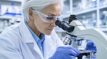 Senior Scientist Using Microscope in Laboratory photo
