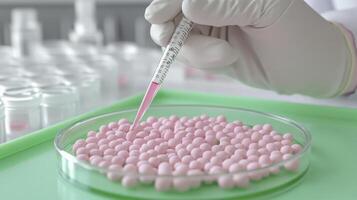 Scientist's Hand Adding Liquid to Pink Spheres in Petri Dish photo