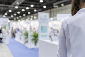 A blurred panorama unveils a bustling company health and wellness fair, a vibrant hub where employees engage with diverse health resources The scene is awash with activity, hinting at interactive photo