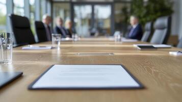 A blurred and indistinct view captures the essence of a company board of directors meeting, shrouded in an atmosphere of focused deliberation and strategic planning The scene unfolds within a modern photo
