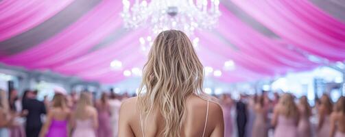 In the heart of a resplendent charity gala, a vision of elegance unfolds, a woman graces the scene with her presence The air crackles with anticipation as she navigates through a sea of formal photo