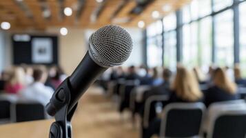 In the realm of public discourse, a professional panel discussion unfolds, its backdrop adorned with a blurred audience, creating an atmosphere of anticipation and intellectual curiosity Experts photo