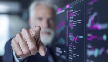 Senior Businessman Pointing at Data Charts on Digital Screen photo
