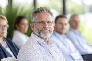 This image portrays an executive summit with panel speakers, captured in a soft-focus style The scene includes individuals participating in a professional setting, possibly a conference or seminar photo