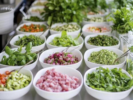 In a bright culinary setting, a neatly arranged assortment of fresh ingredients beckons, showcasing the beauty of nature's bounty Rows of pristine white bowls stand in harmonious formation, each photo