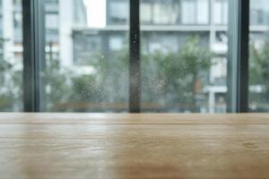 Wooden Table with Sparkling Dust and City View photo