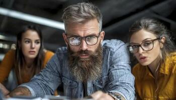 In a collaborative workspace, a diverse team of professionals, including a bearded man with glasses, gathers around a table, deeply engrossed in a project unfolding on a laptop screen, their photo