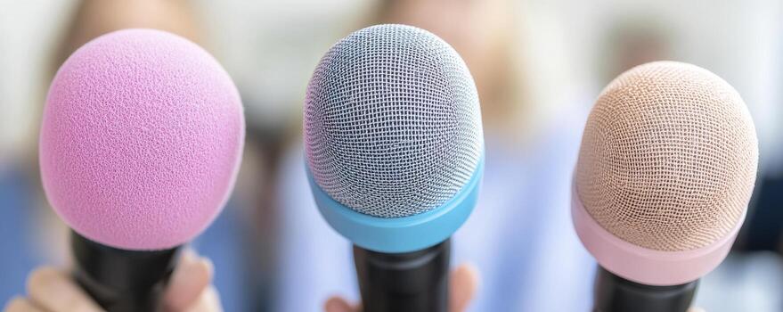 An abstract presentation with microphone setup showcases corporate transparency, where pastel microphones symbolize different perspectives The array of mics represents diversity of thought, crucial photo