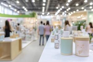 The image shows a blurred view of a company health and wellness fair, with people and booths in the background and health products in the foreground, it represents corporate wellness programs photo