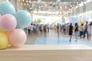 In a soft focus, a vibrant health and wellness fair unfolds within a company setting, its details obscured by the intentional blur Balloons in pastel shades blues, pinks, and yellows cluster near a photo