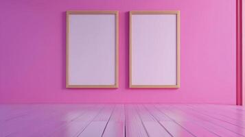 Discover vibrant inspiration with two framed canvases adorning a soft pink wall, set against a gleaming wooden floor a perfect space for artistic expression, imaginative concepts, and customizable photo