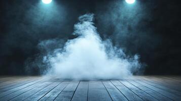 Dramatic Fog Effect on Wooden Stage with Spotlights A captivating image showcasing atmospheric fog illuminated by bright spotlights, creating a sense of mystery and theatrical drama on a rustic photo