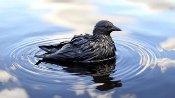 Dramatic Image A Dark, Oily Duck Surfaces in Tranquil Water This powerful photograph captures the stark contrast of nature impacted by pollution, a visual metaphor for environmental concerns photo