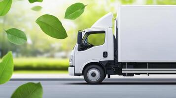 Eco-Friendly Delivery Solutions A White Truck Drives Towards a Sustainable Future with Green Leaves Falling Explore Sustainable Logistics and Transportation Options for a Greener Planet Discover photo
