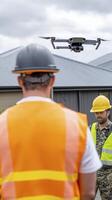 Drone Inspecting Construction Site Discover how drones are revolutionizing construction with this image showcasing aerial views, safety inspections, and progress monitoring Explore the benefits of photo