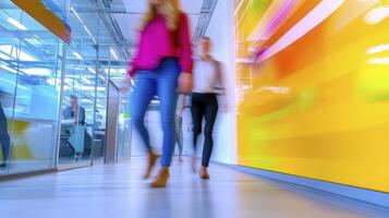 Dynamic Business Explore the energetic movement of professionals in a modern office setting, capturing the essence of collaboration and speed Observe diverse individuals, blurred in motion photo
