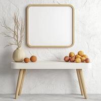 Elegant Interior Decor A Minimalist Still Life Featuring a Modern Console Table, a Decorative Vase with Dried Branches, Fresh Citrus Fruits, and a Blank Square Frame Perfect for Artwork or photo