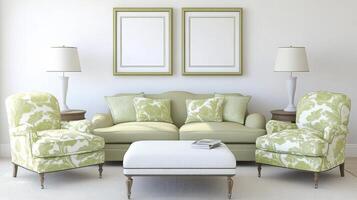 Elegant Living Room Design A bright and airy space featuring a comfortable sofa, inviting armchairs with a nature-inspired pattern, and warm lighting provided by stylish lamps The clean white walls photo