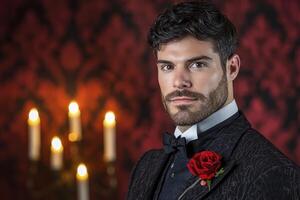 Elegant Gentleman in Vintage Portrait A striking image showcasing a man dressed in a classic suit, complete with a bow tie and red rose, set against a richly patterned, dark red wallpaper background photo