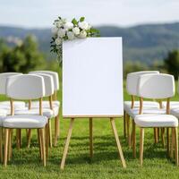 Elegant Outdoor Wedding Ceremony Mockup A serene and charming visual featuring a blank canvas on an easel, nestled among rows of pristine white chairs on a lush green lawn, perfect for showcasing photo
