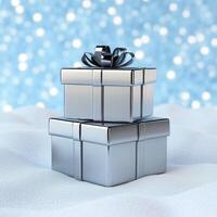 Elegant Silver Christmas Presents Stacked in Snowy Winter Scene, perfect for holiday promotions, greetings, and festive website banners, showcasing the joy of gift-giving Use this high-quality image photo
