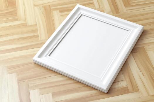 Elegant White Picture Frame Mockup on Light Wood Parquet Flooring for Art Display and Interior Design Projects A High-Resolution Blank Canvas for Showcasing Paintings, Photographs, and Creative photo