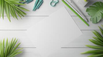 Elevate Your Creative Space A Top-Down View of a Pristine White Desk Adorned with Lush Greenery and Stylish Stationery Capture the essence of productivity and inspiration with this inviting scene photo