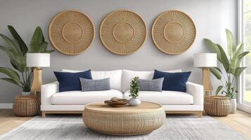 Elevate Your Home Decor with a Serene Interior A Modern Living Room Design Featuring a Comfortable White Sofa, Stylish Pillows, and a Chic Rattan Coffee Table, Complementing Wall Art, Plants, and photo