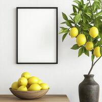 Elevate Your Home Decor with a Fresh Touch A Stylish Interior Featuring a Blank Frame Perfect for Showcasing Art, Photography, or Inspirational Quotes, Accented by Vibrant Lemons in a Rustic Bowl and photo