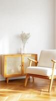 Elevate your home decor with this stunning interior scene featuring a modern minimalist armchair and a charming wooden cabinet, bathed in warm sunlight Discover the art of creating inviting and photo