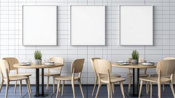 Elevate Your Interior Design with Stunning Wall Art Mockups Showcase Your Creativity with Three Blank Frames in a Modern Restaurant Setting, Perfect for Displaying Posters, Paintings, or Photography photo
