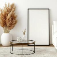 Elevate your living space with serene minimalism a captivating interior featuring a blank poster frame, elegant vase filled with natural pampas grass, and stylish round coffee table on a plush, white photo