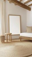 Elevate your living space with this stunning minimalist interior featuring a blank canvas for your artistic expression Visualize the possibilities in this cozy, neutral-toned room, complete with a photo