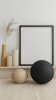 Elevate your living space with minimalist elegance A captivating square frame mockup, beautifully complemented by a neutral palette of vases, spheres, and delicate pampas grass, radiating tranquility photo